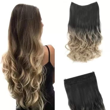 GIRLSHOW Hair Extensions with Invisible Wire Transparent Headband Synthetic 20 Inch 4.4 Oz Wavy Curly Adjustable Size No Clip Hairpieces for Women (Black Ombre Light Ash Brown -#298, 20 Inch)