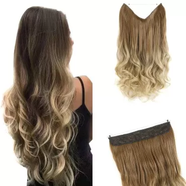 GIRLSHOW Hair Extensions with Invisible Wire Transparent Headband Synthetic 20 Inch 4.4 Oz Wavy Curly Adjustable Size No Clip Hairpieces for Women (Medium Golden Brown Ombre Pale Golden Blonde -#247, 20 Inch)