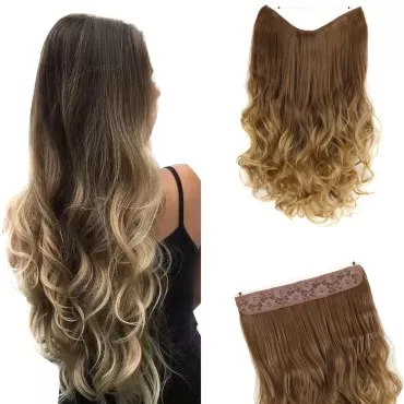 GIRLSHOW Hair Extensions with Invisible Wire Transparent Headband Synthetic 20 Inch 4.4 Oz Wavy Curly Adjustable Size No Clip Hairpieces for Women (Medium Golden Brown Ombre Light Ash Blonde -#248, 20 Inch)
