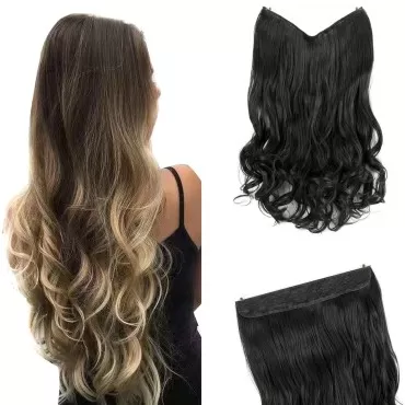 GIRLSHOW Hair Extensions with Invisible Wire Transparent Headband Synthetic 20 Inch 4.4 Oz Wavy Curly Adjustable Size No Clip Hairpieces for Women (Jet Black -#120, 20 Inch)