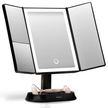 Fancii Makeup Mirror with Natural LED Lights, Lighted Trifold Vanity Mirror with 5X & 7X Magnifications - 40 Dimmable Lights, Touch Screen, Cosmetic Stand - Sora (Black)
