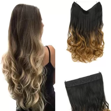 GIRLSHOW Hair Extensions with Invisible Wire Transparent Headband Synthetic 20 Inch 4.4 Oz Wavy Curly Adjustable Size No Clip Hairpieces for Women (Black Ombre Strawberry Blonde -#296, 20 Inch)