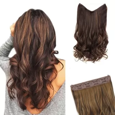 GIRLSHOW Hair Extensions with Invisible Wire Transparent Headband Synthetic 20 Inch 4.4 Oz Wavy Curly Adjustable Size No Clip Hairpieces for Women (Strawberry Blonde & Medium Brown Highlights -#48, 20 Inch)