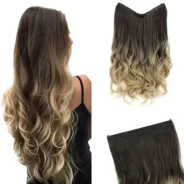 GIRLSHOW Hair Extensions with Invisible Wire Transparent Headband Synthetic 20 Inch 4.4 Oz Wavy Curly Adjustable Size No Clip Hairpieces for Women (Medium Brown Ombre Pale Golden Blonde -#263, 20 Inch)