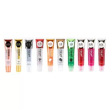 VARIETY SET OF 10 NICKA-K Vitamin-E Lip Gloss (Gold, Rose Gold, Clear, Rosehip, Coconut, Aloe, Mango, Strawberry, Bubble Gum, Cherry )