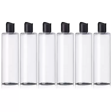 ljdeals 8 oz Clear Plastic Empty Bottles with Black Disc Top Caps, Refillable Cylinder Containers for Shampoo, Lotions, Cream and more… Pack of 6, BPA Free, Made in USA