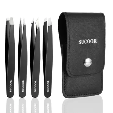 Tweezers Set - SUCOOR 4Pcs Professional Stainless Steel Tweezers, Best Precision Tweezers Set for Shaping Eyebrows, Great Beauty Tools for Facial Hair, Ingrown Hair, Blackhead Removal.£¨Black)