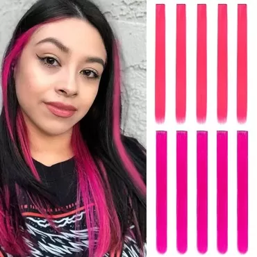 Hair Extensions 10Pieces 20 Inch Colored Clip In For Women Girls Hiar Accessories Wig Pieces Synthetic Hair Pieces festival celebrate (Rose red, Pink)