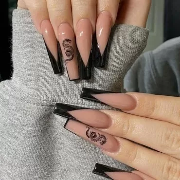 IMSOHOT Coffin Press on Nails Long French Glossy Fake Nails Ballerina Black False Nails with Designs Dragon Pattern Acrylic Nails Glue on Nails for Women