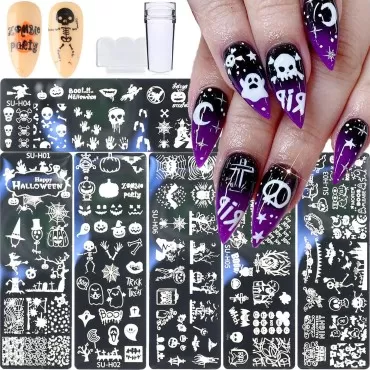 Publi Halloween Nail Stamper Kit 6 Pcs Nail Plates +1 Nail Stamper + 1 Nail Scraper Human Skeleton/Spider Web/Pumpkin/Withered Tree Design Nail Decoration Supplies, 8 Piece Set