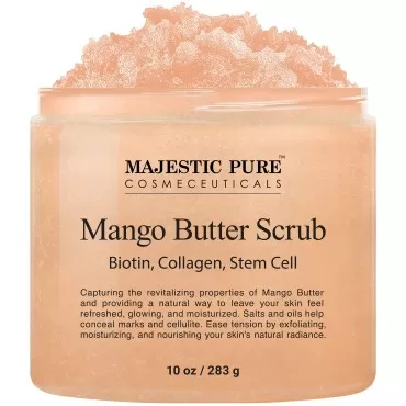 Majestic Pure Mango Butter Body Scrub - With Biotin, Collagen, Stem Cell - Exfoliating Salt Scrub to Exfoliate and Moisturize Skin - Deep Skin Cleanser - Natural Skin Care for Men and Women - 10 oz