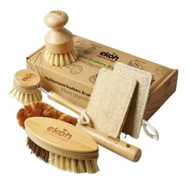 EKOH Multipurpose Bamboo Brush 6 Pack | Dry Brushing Body Brush Natural Soft Bristles, Nail & Feet Scrubber + 2 Natural Loofah Sponges | Bottle Brush & Dish Brush for Home, Shower & Bath