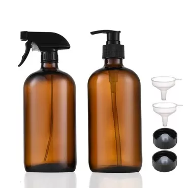 L-Lei 2 Pack Empty Amber Glass Spray Pump Bottles,16 oz Soap Dispenser Refillable Container for Essential Oils, Cleaning Products, or Aromatherapy - Durable Black Trigger Sprayer and Pump top