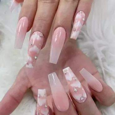 IMSOHOT Coffin Pink Press on Nails Long Gradient Clouds Fake Nails with Designs Glossy Ballerina False Nails Glue on Nails Acrylic Nails for Women and Girls