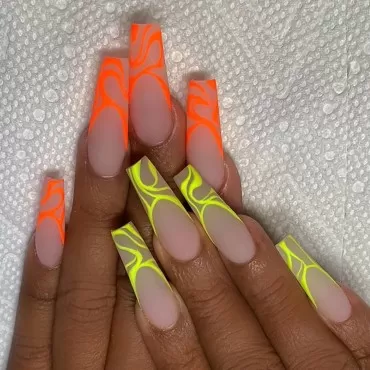 IMSOHOT Coffin Press on Nails Long Matte Fake Nails with Nail Glue French Fluorescent Ballerina False Nails 24Pcs Full Acrylic Nails for Women and Girls