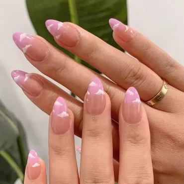 MISUD 24Pcs Stiletto Press on Nails, Clouds Medium False Nails, Glossy Almond Cute Fake Nails, Full Cover Artficial Acrylic Nails for Women and Girls
