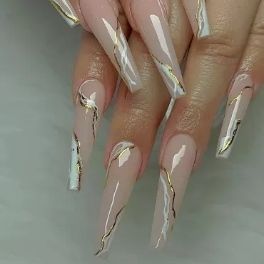 IMSOHOT Coffin Long Press on Nails Clear Pink Fake Nails Marbled Fasle Nails with Designs Ballerina Glossy Glue on Nails for Women