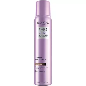 L’Oréal Paris EverPure Sulfate Free Tinted Dry Shampoo for Dark Hair, for Brown and Black Hair, Absorbs Oil, Refreshes Colored Hair, with Rice Starch, Vegan Formula, Paraben and Gluten Free, 4 fl oz