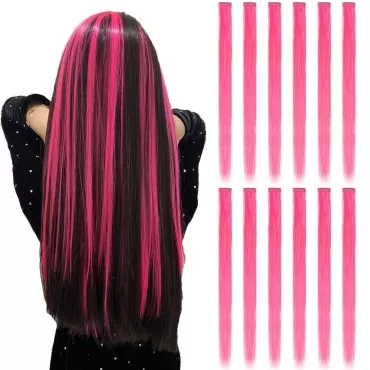 12PCS Colored Hot pink Hair Extensions Straight Mu...