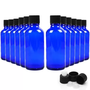 Youngever 12 Pack 2 Ounce Empty Glass Bottles with Lids, Cobalt Blue Refillable Container for Essential Oils, Vanilla Extract