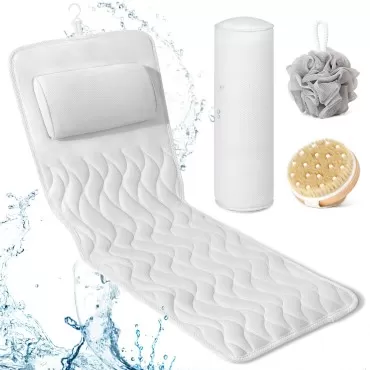 Full Body Bath Pillow, SPA Bathtub Pillow mat with Luxury Lumbar Pillow, Bathtub Pillow for Head Neck Shoulder and Back Support, Set with Shower Sponge, Cellulite Remover and Dry Skin, Gentle Massage