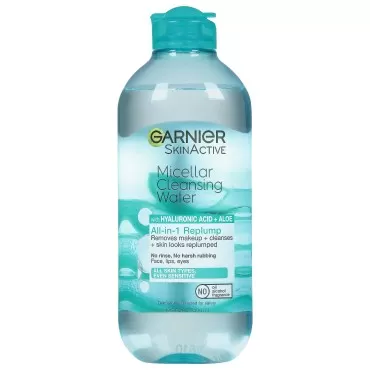 Garnier SkinActive Micellar Cleansing Water, All-In-1 Hydrating and Replumping Makeup Remover + Face Cleanser, With Hyaluronic Acid + Aloe, For Normal To Sensitive Skin, 400 ml
