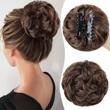 DeeThens Claw Clip in Messy Bun Hairpiece Curly Clip in Claw Bun Hair Pieces Combs add Ponytail Hair Pieces Synthetic Hair Extensions for Women (Medium Dark Brown)