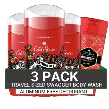 Old Spice Aluminum Free Deodorant for Men, Bearglove Scent, 48 Hr. Protection, 3 Oz (Pack of 3) with Travel-Sized Swagger Body Wash