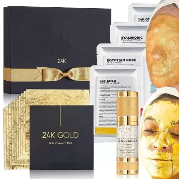 BRÜUN 24K Pure Gold Leaf Face Mask Treatment - 99.9% Gold Foil with Premium Corrective Facial and Jelly Mask - Essential Beauty Spa Care therapy and Unique Set for every Girl and Woman