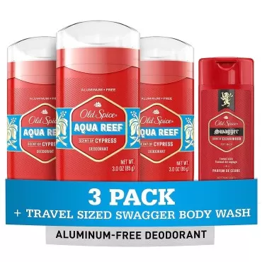 Old Spice Men's Deodorant Aluminum-Free Aqua Reef, 3.0oz Pack of 3 with Travel-Sized Swagger Body Wash