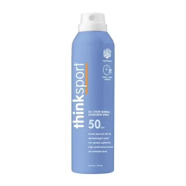 Thinksport SPF 50 All Sheer Mineral Sunscreen Spray - Waterproof Sport Sunscreen Lotion - Safe, Natural Zinc Oxide UVA/UVB Sun Protection, 6 Fl oz