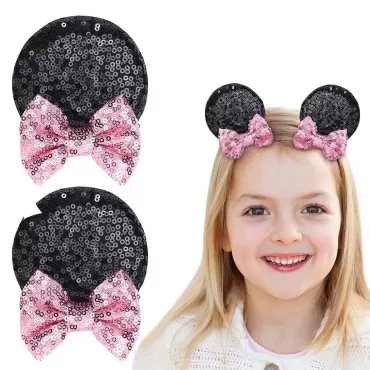 UHOMENY 2PCS Mouse Ears Hair Clip, Sequin Mouse Ears Barrettes Bow Ear Clip Lovely Glitter Hair Accessories for Costume Theme Birthday Party Favor Decoration