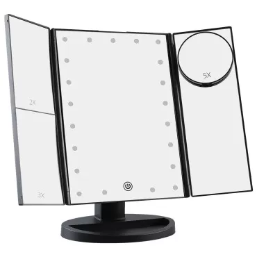 Essbhach 21LED Lighted Vanity Makeup Mirror, 4 Magnifications and Touch Screen Dimming,180° Rotation Trifold Cosmetic Mirror with Dual Power and Adjustable Brightness, Gift for Mothers Day