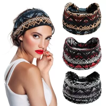 S&N Remille Wide Boho Headbands for Women and Girls, Elastic Turban Head wrap Non-Slip Hair Bands for Sport Yoga and Running Headband 3 Pack