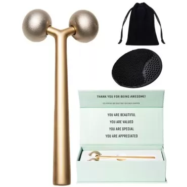 Gold Face Sculptor + Face Scrubber (2-in-1): Metal Face Massage Roller for Contour Jawline, Skin Tightening, Lymphatic Drainage, Puffiness Relief. Facial Massager & Silicone Exfoliator with Travel Bag