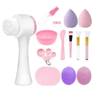 detaiyirongshangmao Set of 16pcs Facial Tool Double-sided silica gel cleansing brush, Face Mask Mixing Bowl Set with Makeup Sponge Multicolor