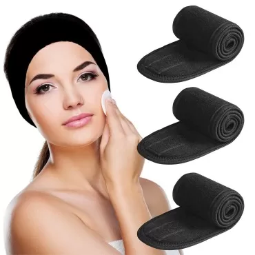 Denfany Spa Facial Headband Terry Cloth Headband Soft Adjustable Face Wash Headband for Face Washing, Shower, Makeup and Sport (Black 3 Pack)