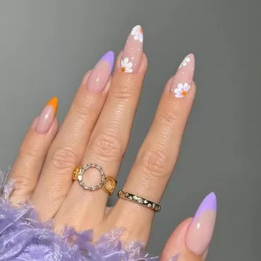 IMSOHOT Almond Press on Nails Medium French Fake Nails Flower Stiletto False Nails with Designs Full Cover Acrylic Nails Glossy Glue on Nails for Women 24Pcs