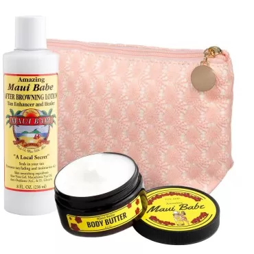 Maui Babe After Browning Lotion 8oz & Maui Babe Body Butter 8.3oz - Tan Enhancer Lotion & Body Butter with Iridescent Pink Bag - Amazing Maui Babe After Tan Moisturizer Lotion Kit - Hawaiian After Sun Lotion Tan Extender