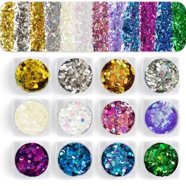 ICOLORY 12 Color Chunky Glitter, 12 Jars of Holographic Body Glitter, Cosmetic Makeup Glitter Sequins for Halloween Party, Dance Ball Festival Face Body Eye Hair Crafts (NO Glue)