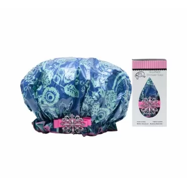 Dry Divas Designer Shower Cap - Washable, Reusable - Large Bouffant With Vintage Jeweled Brooch (Blu-tiful)