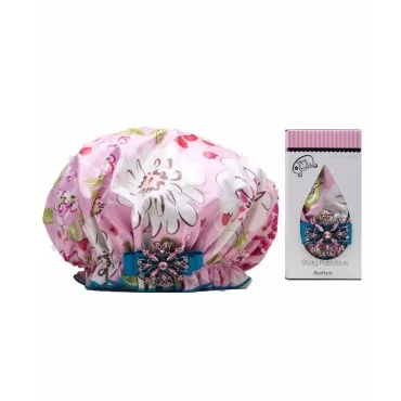 Dry Divas Designer Shower Cap - Washable, Reusable - Large Bouffant With Vintage Jeweled Brooch (Floral Affair)