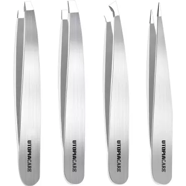 Utopia Care - Professional Stainless Steel Tweezers Set (4-Piece) - Precision Tweezers for Ingrown Hair, Facial Hair, Splinter, Blackhead and Tick Remover (Silver)