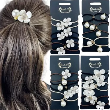 Firecolor Chic Flower Hair Ties Elastic Bracelet Crystal Rhinestone Elegant Ponytail Holder Glitter Sparkly for Women Girls Half embellished with a faux pearl Loss-proof Hair Ring (DD5)