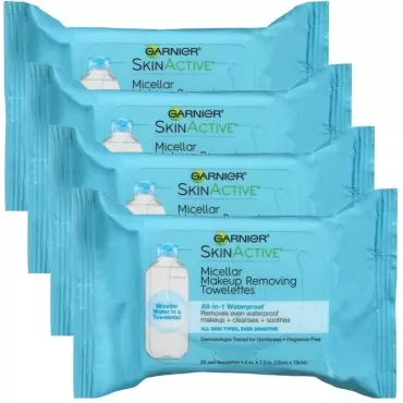 Garnier Micellar Makeup Remover Wipes for Waterproof Makeup, Gently Removes Makeup and Cleanses Skin, Facial Wipes for All Skin Types, 25 Count (Pack of 4)