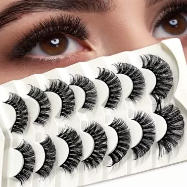 VEEJION 7 Pairs Curly False Eyelashes, Russian Strip Lashes Fluffy Cross Natural Look Strips Eyelashes 4 Styles Mixed Cat Eye Full Reusable Dramatics Lashes Pack