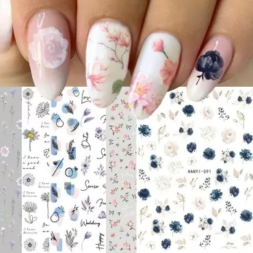 Flower Nail Art Stickers, Blooming Flower Nail Decals 3D Self-Adhesive Rose Floral Daisy Leaves Summer Nail Design for Acrylic Nails DIY Nail Decoration (6 Sheets)