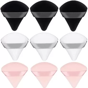 9 Pieces Makeup Powder Puff Face Triangle Makeup Puff Portable Soft Velour Beauty Cotton Powder for Face Body Foundation Loose Powder Cosmetic Tools with Ribbon Band Handle (Black,Pink,White)