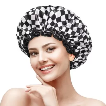 mikimini Shower Cap for Women and Girls, Elegant Chessboard Design,Double-layer Waterproof, Reusable, Washable, No Odor, Medium