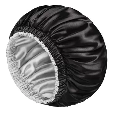 mikimini Black Satin Bonnet for Sleeping Pack of 2, Curly Hair Silk Sleep Cap for Women and Men Reversible Double Layer Bonnets Soft Stretchy Night Cap for Hair Care (Black+Silver)